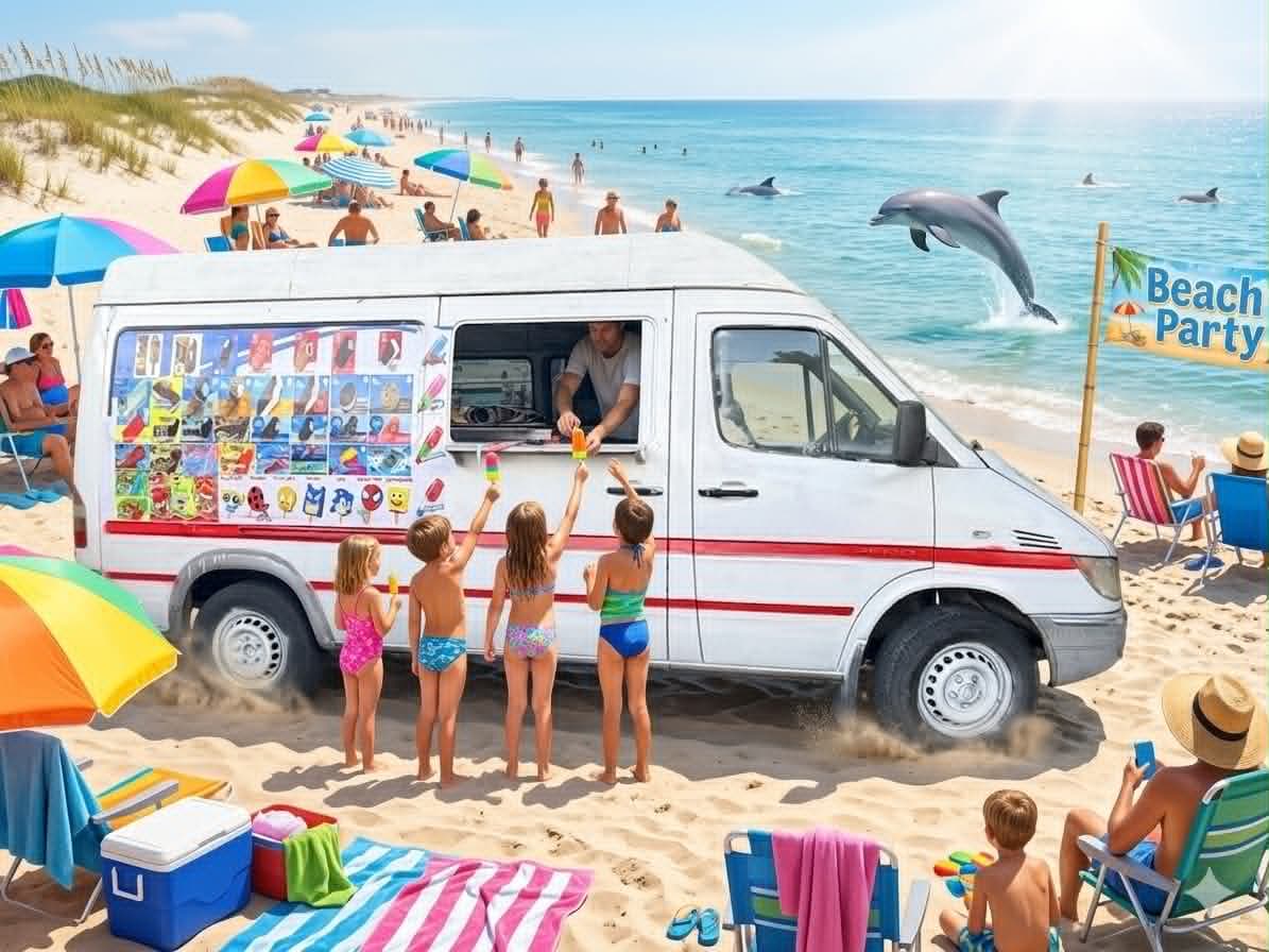 Our ice cream truck catering a vibrant beach party with surfboards and beach chairs