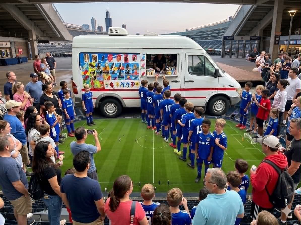 Catering a youth soccer event on a green field with a large crowd of kids and parents