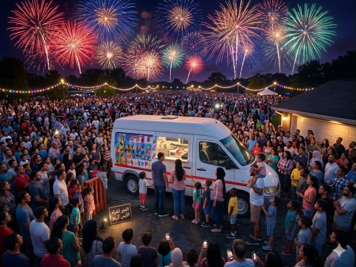The ice cream truck illuminated at night under a spectacular fireworks celebration