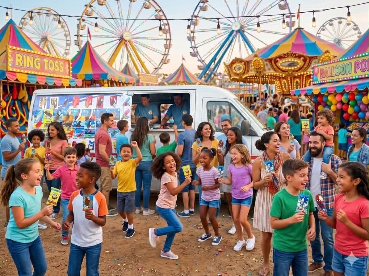 Happy, diverse group of kids dancing in front of the ice cream truck at a neighborhood carnival